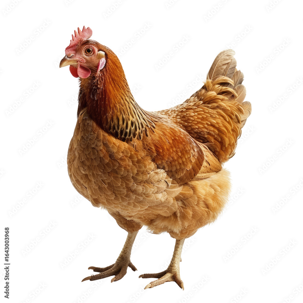 Fototapeta premium A beautiful brown hen, isolated on a transparent background, showcases its rich plumage and elegant posture. background removed
