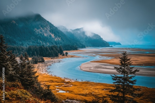 Coastal Alaskan landscape with a winding river meeting the ocean.  Misty mountains and evergreen forests frame the scene