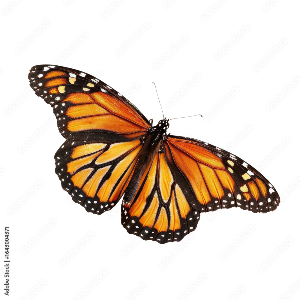 Naklejka premium A vibrant monarch butterfly with orange and black wings, isolated on a transparent background. background removed