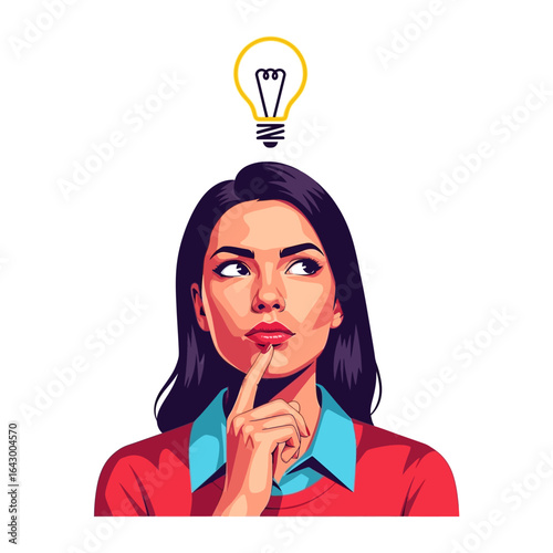Illumination of Thought: A vibrant illustration showcases a thoughtful woman, her gaze upward towards a glowing lightbulb, symbolizing a moment of creative inspiration and insightful thinking.