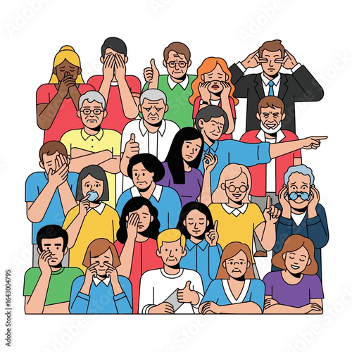 A Crowd of Mixed Emotions: Capturing a diverse group of people displaying a range of emotions, the illustration explores the spectrum of human feelings.