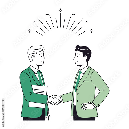 Handshake Agreement: A professional illustration of two people, dressed in smart attire, forging an agreement through a firm handshake. The illustration, set against a clean background.