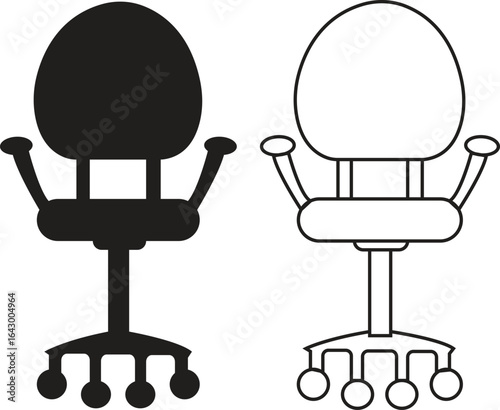 Office chair icons set black flat and outline styles vectors collection, ergonomic furniture bundle, swivel seat silhouette, adjustable backrest symbols, modern workplace seating illustration designs.