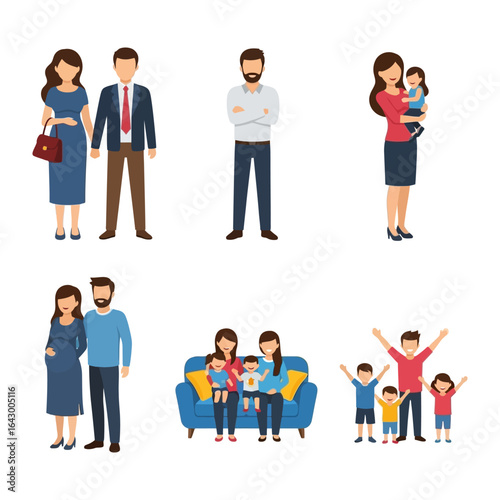 Family Portraits: Various stylized illustrations showcasing the essence of family bonds, from expectant parents to a multi-generational unit.