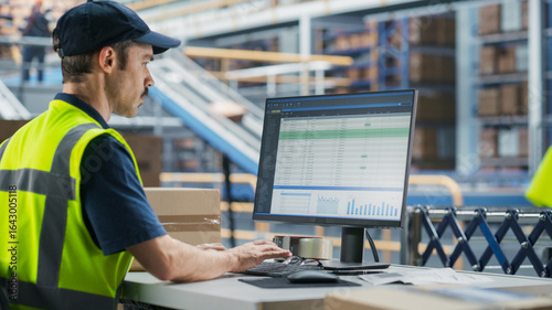 Tableau sur toile Male Stocking Associate Checking Inventory On Desktop Computer In Warehouse Facility With Automated Conveyor Belt