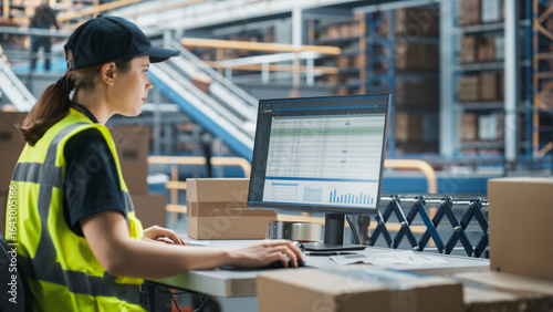 Fotografía Caucasian Female Stocking Associate Using Desktop Computer To Check Inventory In Distribution Facility