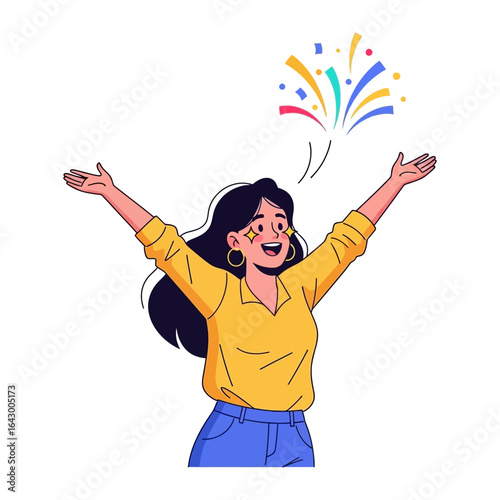 Joyful Celebration: A vibrant illustration captures a woman's ecstatic expression as colorful fireworks erupt, symbolizing happiness and achievement. The illustration, set against a clean background.