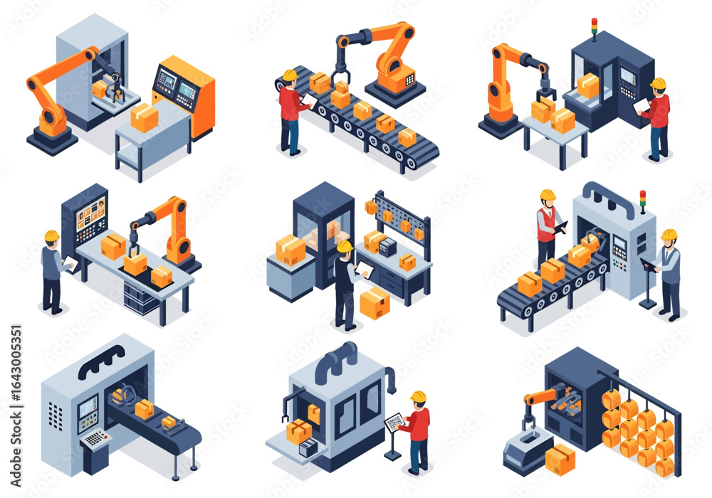 3D isometric view illustration set of various automated factory processes featuring robotic arms, CNC machines, conveyor belts moving goods, and factory workers overseeing the production