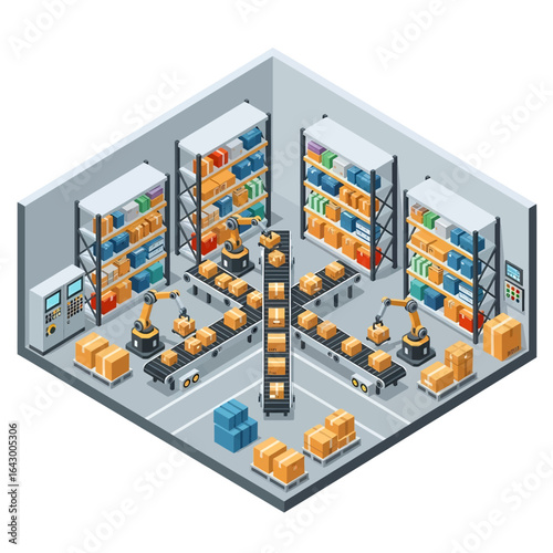 3D isometric view illustration of a modern automated warehouse interior with robotic arms sorting and moving boxes on conveyor belts, controlled by computer systems, and shelves filled with inventory