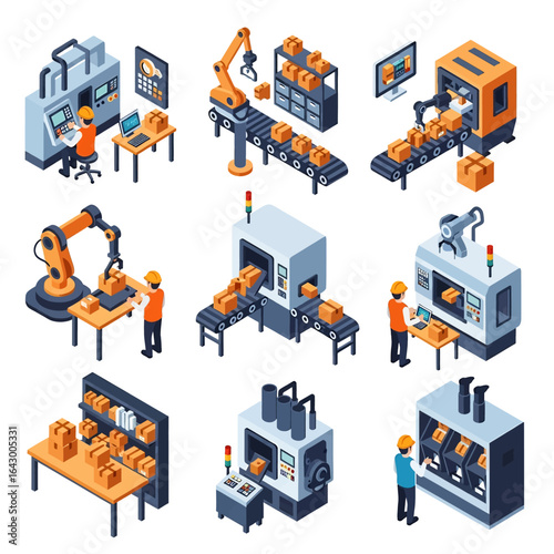 3D isometric view illustration set of various automated factory processes featuring robotic arms, CNC machines, conveyor belts moving goods, and factory workers overseeing the production