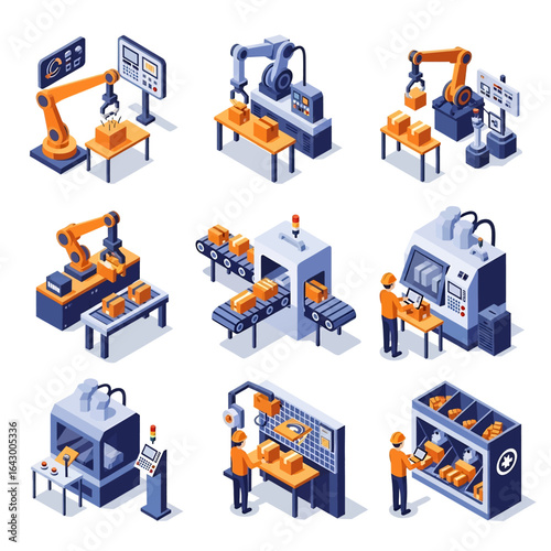 3D isometric view illustration set of various automated factory processes featuring robotic arms, CNC machines, conveyor belts moving goods, and factory workers overseeing the production