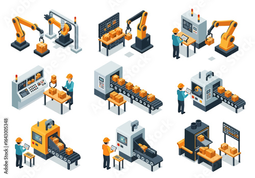 3D isometric view illustration set of various automated factory processes featuring robotic arms, CNC machines, conveyor belts moving goods, and factory workers overseeing the production