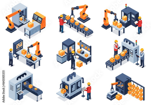 3D isometric view illustration set of various automated factory processes featuring robotic arms, CNC machines, conveyor belts moving goods, and factory workers overseeing the production