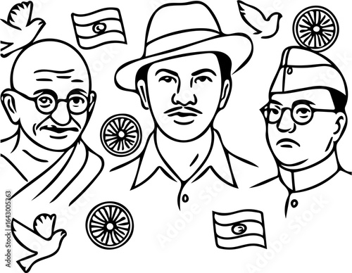 Black and White Line Art of Indian Freedom Fighters – Gandhi, Bhagat Singh, Subhas Chandra Bose with National Symbols