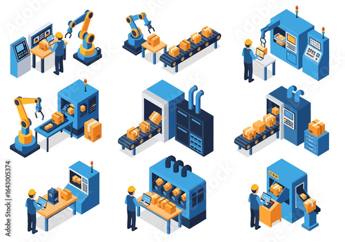 3D isometric view illustration set of various automated factory processes featuring robotic arms, CNC machines, conveyor belts moving goods, and factory workers overseeing the production