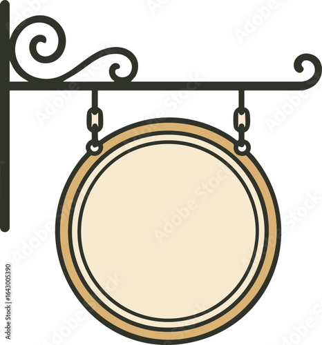 Hanging round shop sign on wrought iron bracket blank label