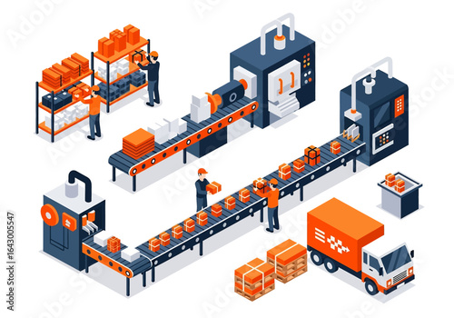 3D isometric view illustration of a warehouse and distribution center with workers packing boxes, conveyor belts moving packages, automated machinery, storage shelves, and a delivery truck ready