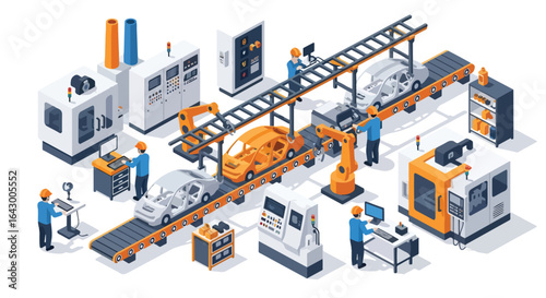 3D isometric view illustration of an advanced car manufacturing assembly line with robotic arms welding car bodies, conveyor belts moving vehicles, and factory workers overseeing the automated process