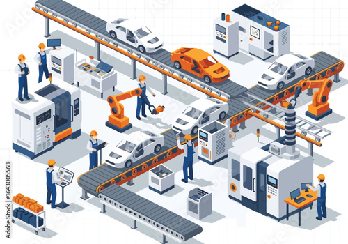 3D isometric view illustration of an advanced car manufacturing assembly line with robotic arms welding car bodies, conveyor belts moving vehicles, and factory workers overseeing the automated process