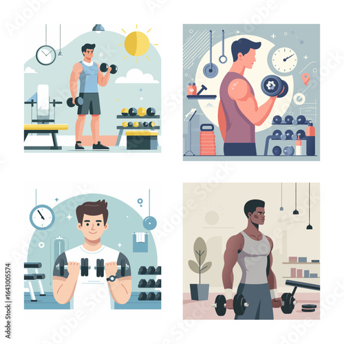Flat vector illustration of men lifting dumbbells in a gym, fitness workout, modern interior, healthy lifestyle concept