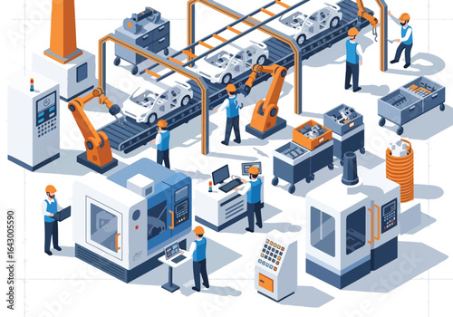 3D isometric view illustration of an advanced car manufacturing assembly line with robotic arms welding car bodies, conveyor belts moving vehicles, and factory workers overseeing the automated process