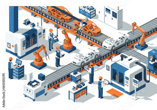 3D isometric view illustration of an advanced car manufacturing assembly line with robotic arms welding car bodies, conveyor belts moving vehicles, and factory workers overseeing the automated process
