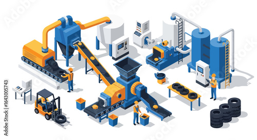 3D isometric view illustration of a tire recycling factory with machinery processing old tires, conveyor belts, workers, a forklift, storage tanks, and resulting rubber granules