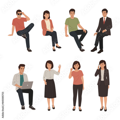 People in Different Poses: A collection of people in various poses, showcasing diversity and individuality through distinct clothing and activities, captured in an appealing illustration.