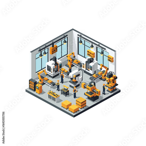 3D isometric view illustration of a modern factory floor interior with automated robotic arms, CNC machines, workers in hard hats, conveyor belts, and manufactured metal parts