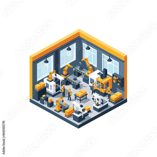 3D isometric view illustration of a modern factory floor interior with automated robotic arms, CNC machines, workers in hard hats, conveyor belts, and manufactured metal parts