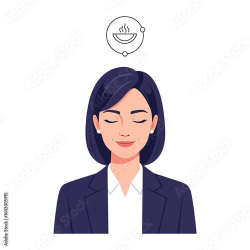 Nourishment Dreamer: An illustration portrays a serene woman with eyes closed, peacefully envisioning a comforting bowl, symbolizing her dream of nourishment.