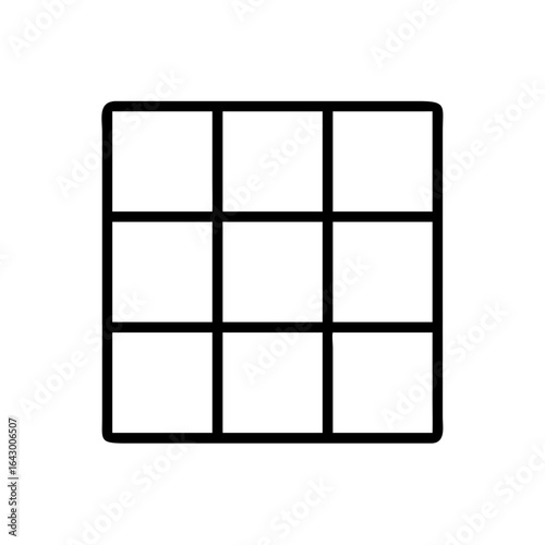 Minimalist black outline vector icon of a grid layout with nine squares, symbolizing photo collage, social media design, and composition guide.  Tic-tac-toe game board