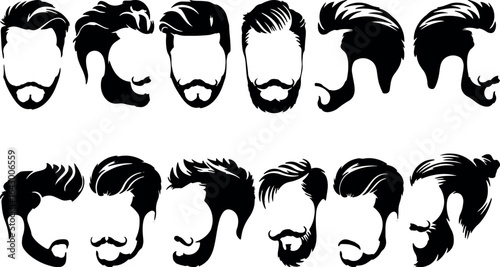 Variety of male hairstyles, beards, and mustaches in a black and white vector art style.