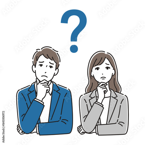 Uncertainty Under a Blue Question Mark: Depicting the contemplative expressions of two individuals beneath a blue question mark.