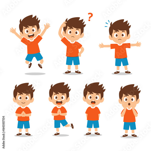 Playful Child Expressions: Capturing a diverse range of emotions, a young child playfully displays various facial expressions, each conveying a unique mood. It showcases his joy, confusion.