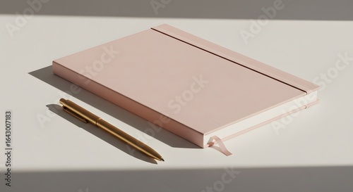 A simple and elegant light pink notebook and a gold pen resting on a textured surface with soft shadows	