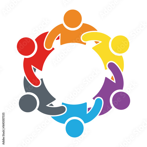 Cooperative Community Icon: A vibrant icon symbolizing collaborative unity, a circle of diverse individuals, arms interlocked, representing collaboration and shared goals. 