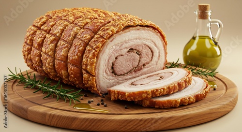 Delicious porchetta roast with crispy skin and herbs on wooden board