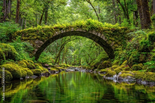 Ancient mossy stone arch bridge over a serene forest stream