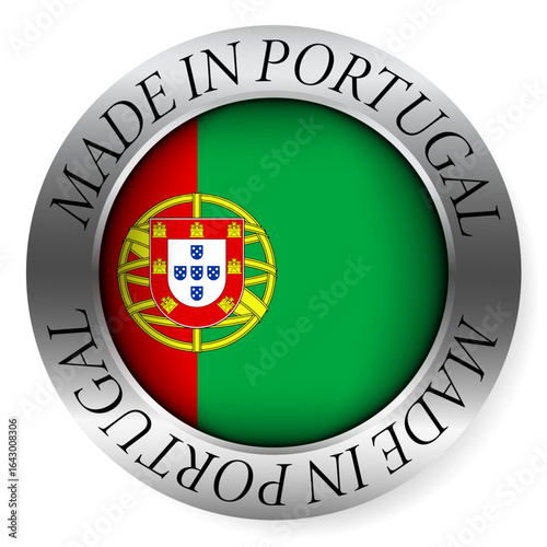 Made in Portugal button icon. Circular emblem with metallic border, glossy central flag, and bilingual label indicating product origin and international manufacturing identity.