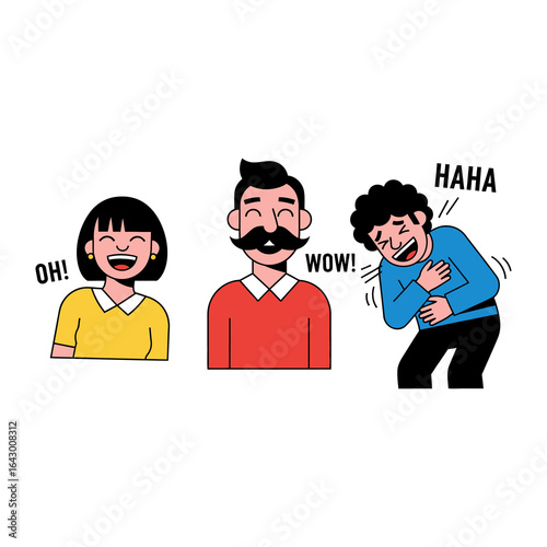 Expressive Laughter: A humorous illustration showcases three figures reacting with varying degrees of amusement, from a simple Wow! to full-blown laughter.
