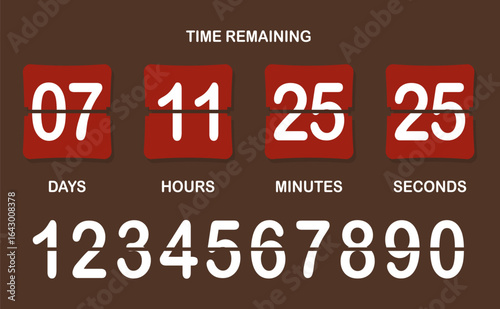Countdown timer icon. Flip-style numeric display showing days, hours, minutes, seconds with brown background, bold split numbers, and a clear time-remaining header in white text.