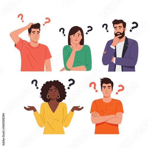 Uncertain Thoughts and Decisions: A diverse group of individuals grappling with perplexing question marks, each portrait encapsulates the universal feeling of uncertainty.