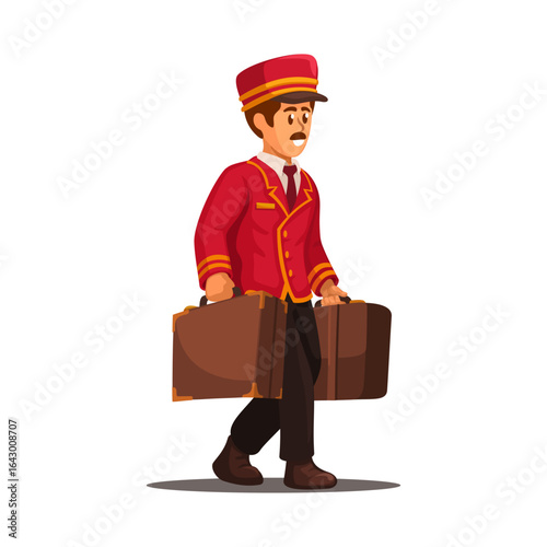 Male Porter In A Uniform Walking and Carrying Suitcases Cartoon Illustration Vector