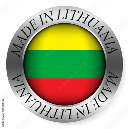 Made in Lithuania button icon. Circular emblem with metallic border, glossy central flag, and bilingual label indicating product origin and international manufacturing identity.
