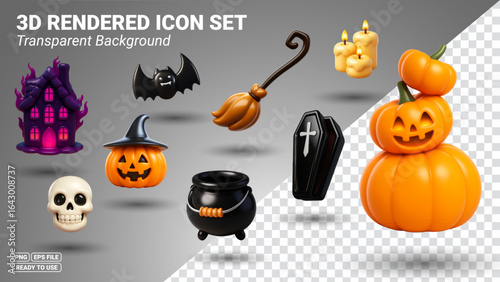 3D Rendered Halloween Icon Set — Pumpkin, Jack O Lantern, Skull, Bat, Witch Hat, Broom, Cauldron, Coffin, Candles, Haunted House — Transparent PNG Pack Ready To Use