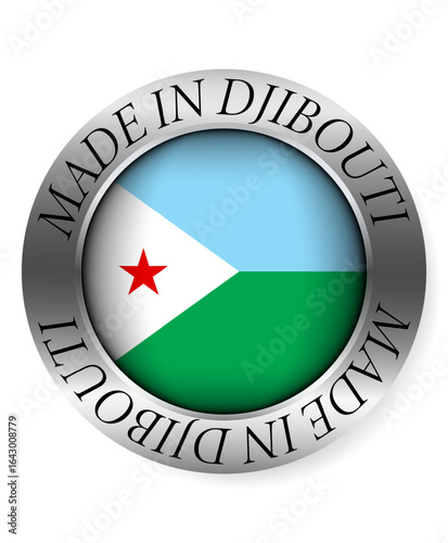 Made in Djibouti button icon. Circular emblem with metallic border, glossy central flag, and bilingual label indicating product origin and international manufacturing identity.