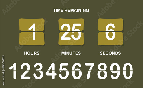 Countdown timer icon. Flip-style numeric display showing days, hours, minutes, seconds with brown background, bold split numbers, and a clear time-remaining header in white text.