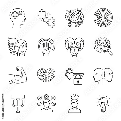 Conceptual Icon Set: Collection of abstract icons representing states of mind, human behavior, and psychological concepts, perfect for infographics and presentations.