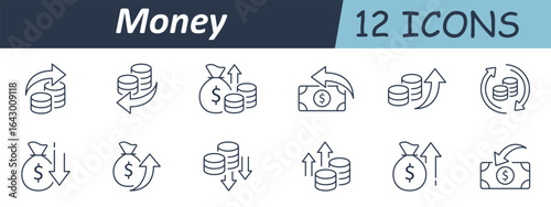 Money set icon. Outlined icons present coins, cash bills, and money bags with arrows, rotation marks, and direction indicators showing transfer, gain, or loss in a minimal financial context.